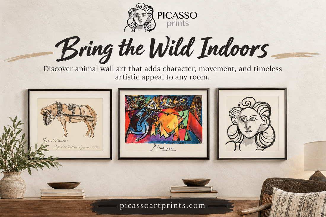 Picasso prints featuring horse and colorful animal artwork with the “Bring the Wild Indoors” title.