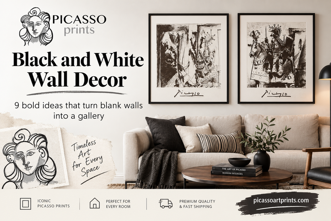 Black and white wall decor featuring Picasso prints in a stylish living room, with gallery-inspired framing.
