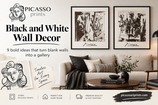 Black and white wall decor featuring Picasso prints in a stylish living room, with gallery-inspired framing.