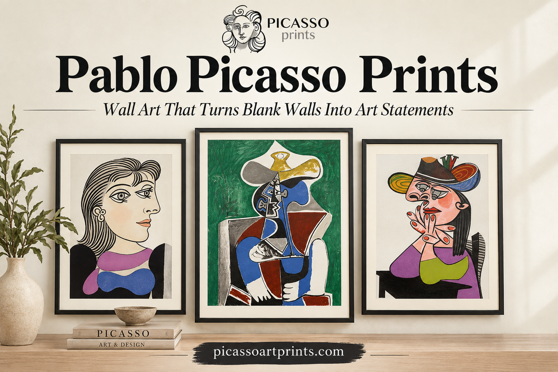 Pablo Picasso prints displayed as stylish wall art in a modern interior, featuring three colorful portrait artworks.