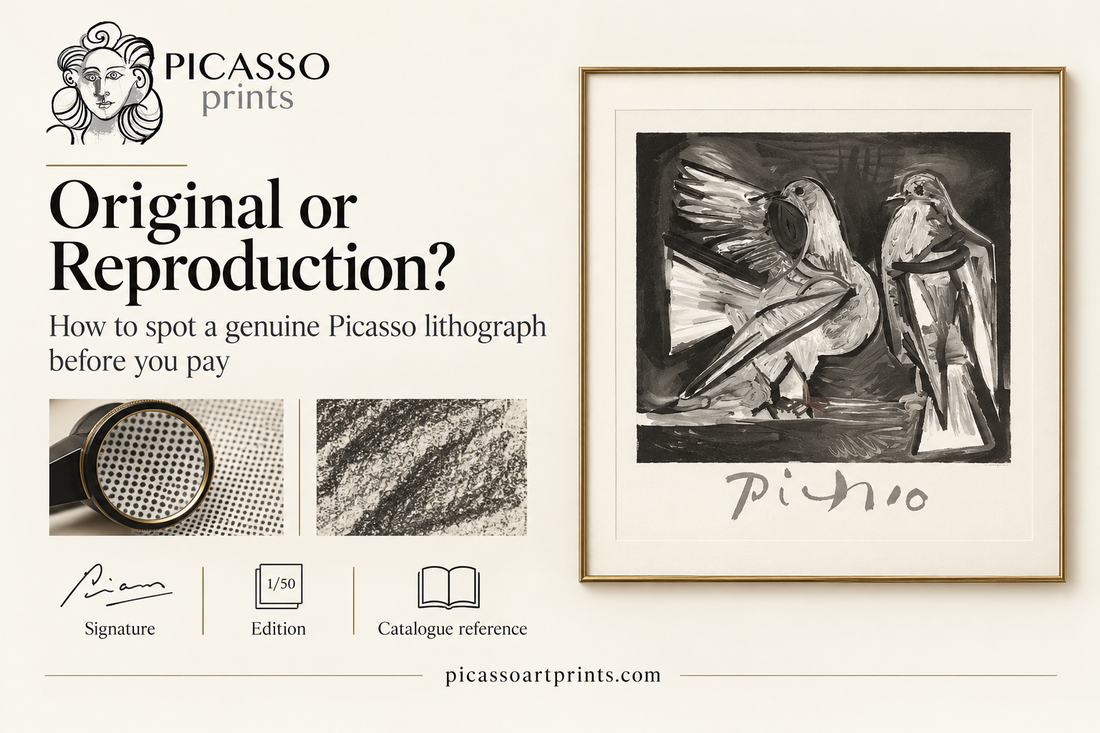 Picasso Prints banner showing a lithograph and key checks for spotting an original versus a reproduction.