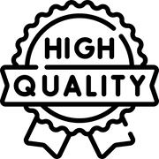 Black outline icon of a ribbon badge with scalloped edges, text reads 'High Quality'