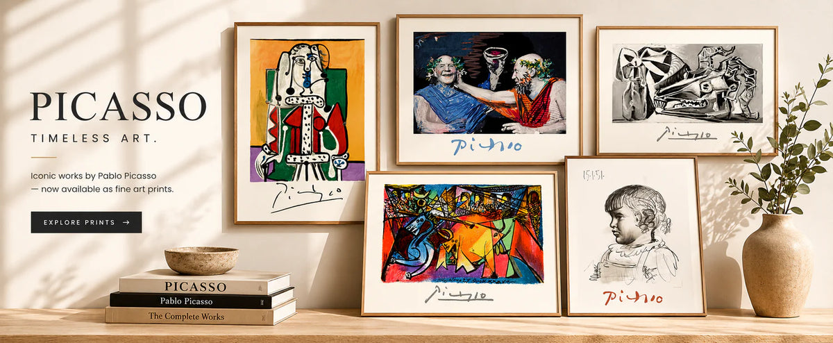 Ad for Picasso art prints: five framed artworks on a wall, Picasso books, a bowl, and a vase with greenery on a shelf.