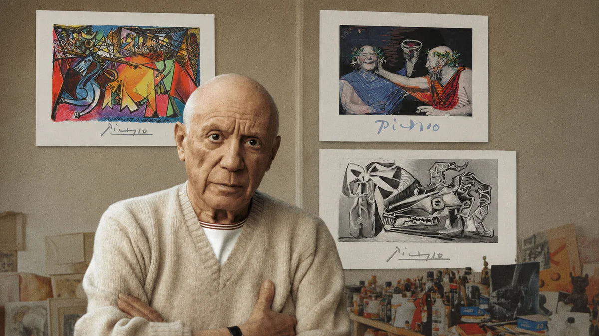 Portrait of Pablo Picasso in his studio, arms crossed, with three framed art prints displayed on the wall behind him