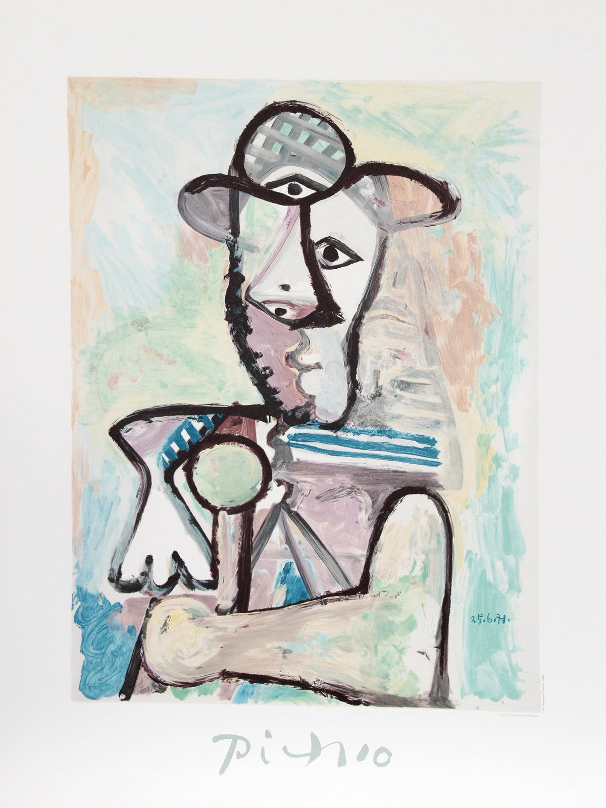 Pastel art print 'Buste d'Homme' by Picasso: man's bust in striped hat, resting on arm