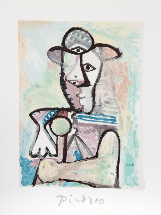 Pastel art print 'Buste d'Homme' by Picasso: man's bust in striped hat, resting on arm