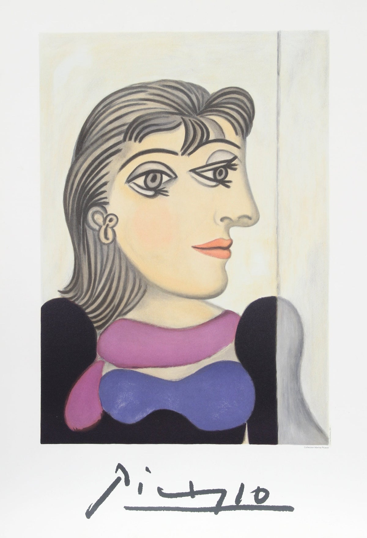 Art print 'Buste de Femme au Foulard Mauve' by Picasso: woman in profile with purple and blue scarf, signed below