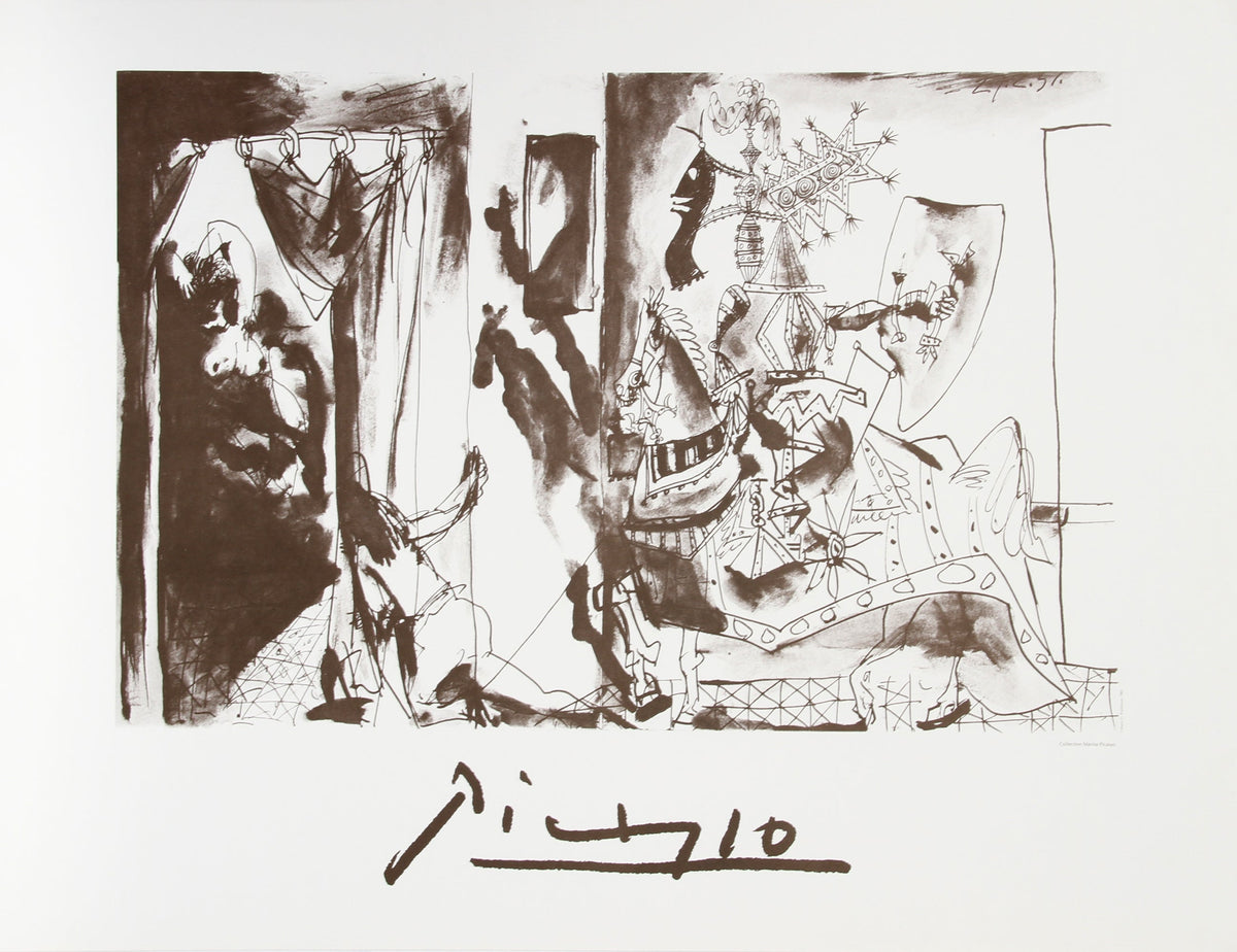 Sepia print 'Chevalier en Armure, Page et Femme Nue' by Picasso: knight, page and nude woman scene, signed below
