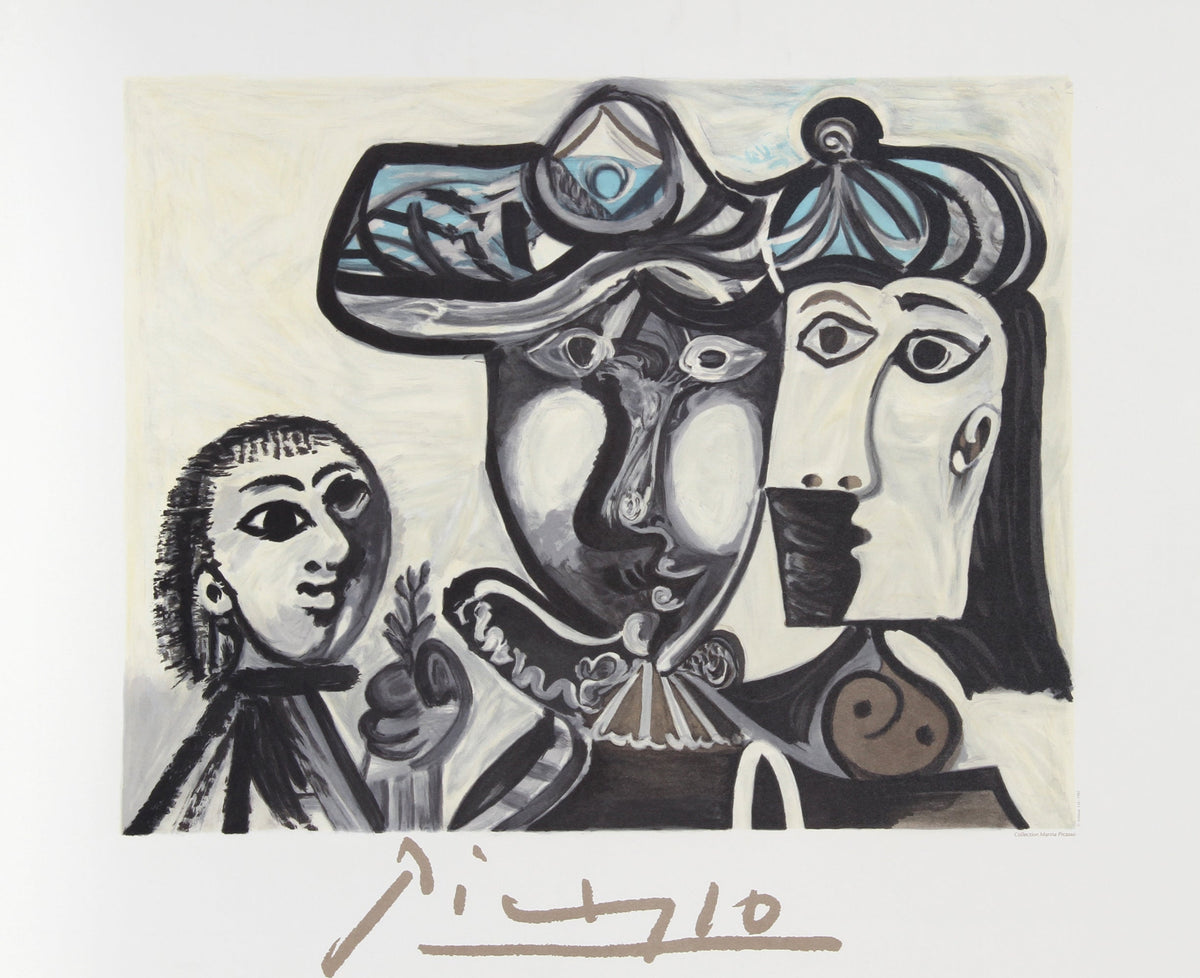 Art print 'Couple et Enfant au Rameau d'Olivier' by Picasso: couple and child holding olive branch, cubist style.