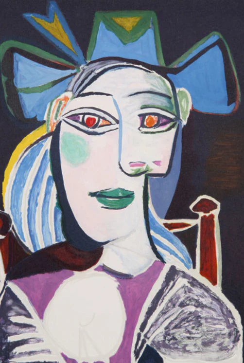 Cubist Picasso-style portrait of a woman with a blue bow headpiece, seated in a red chair, vivid colors