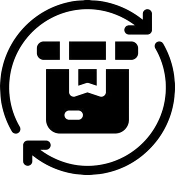 Black icon of a package inside a circular arrow, representing product returns or exchanges.