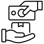 Black outline icon of a hand offering payment above another hand holding a package, representing secure payment.